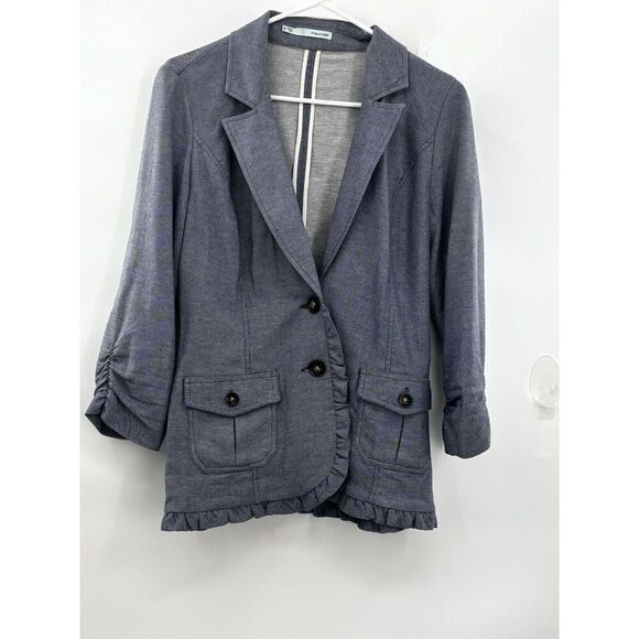 maurices Cotton Denim Blue  Blazer Cotton With Ruche Sleeves  2 Front Pocket Med - Picture 2 of 15